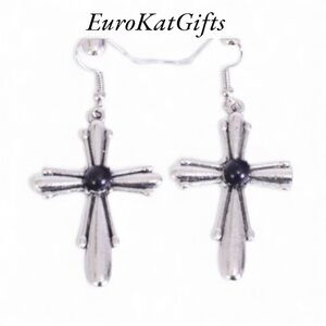 Cross Earrings Silver BLACK Semiprecious Stone Cross Earrings H 1.5" X W 1 "NEW